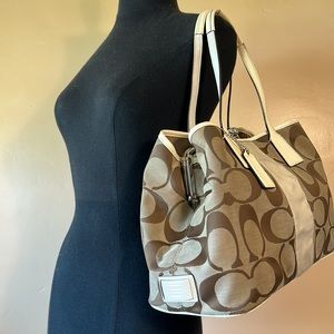 Coach Brown Ivory Kiss-Lock Jacquard Signature Carryall Satchel Bag